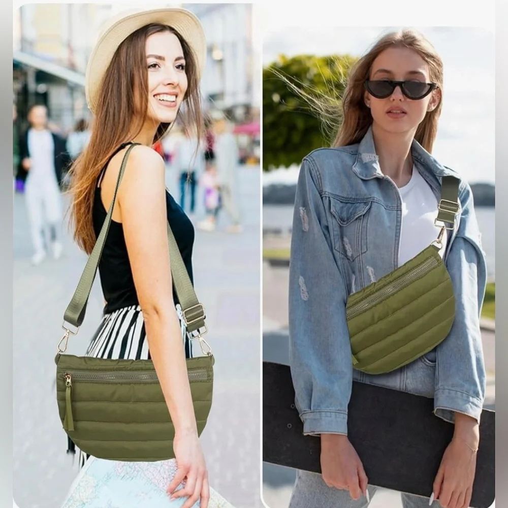 NWOT Puffer Olive Green Quilted Crossbody Bag Adjustable/Interchangeable Strap - Picture 6 of 12